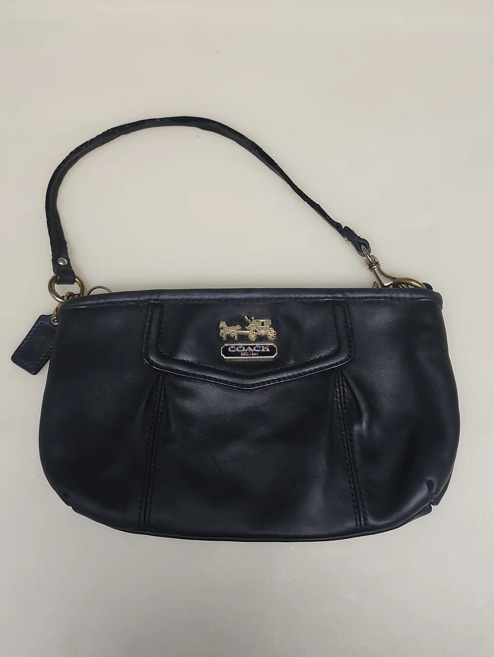 Coach Black Leather Shoulder Wristlet with Gold Hardware